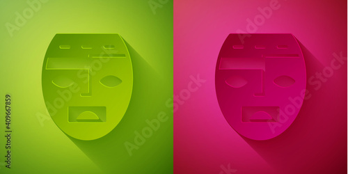 Paper cut Mexican mayan or aztec mask icon isolated on green and pink background. Paper art style. Vector.