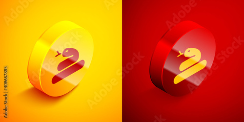 Isometric Snake icon isolated on orange and red background. Circle button. Vector.