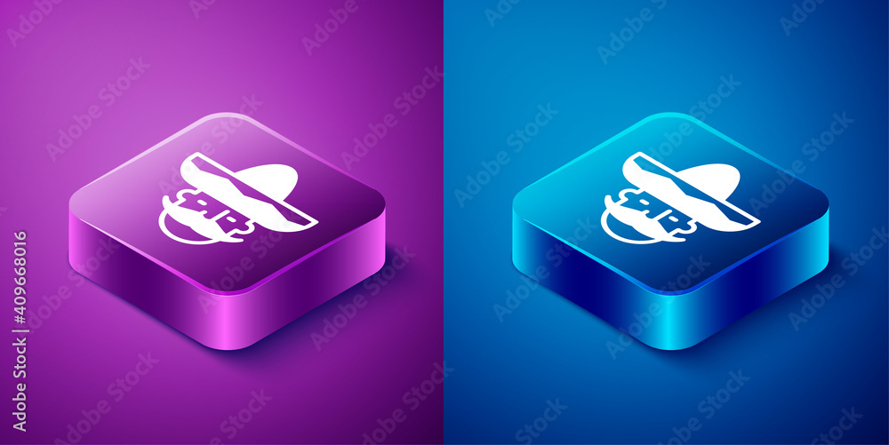 Isometric Mexican man wearing sombrero icon isolated on blue and purple background. Hispanic man with a mustache. Square button. Vector. Isometric Mexican man wearing sombrero icon isolated on blue and purple background. Hispanic man with a mustache. Square button. Vector.