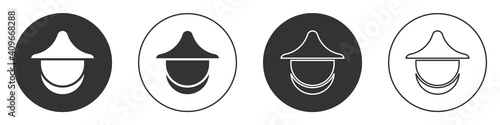 Black Beekeeper with protect hat icon isolated on white background. Special protective uniform. Circle button. Vector.