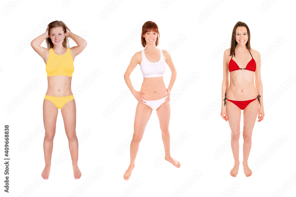 Full length portraits of three gorgeous laughing women wearing different bikinis, isolated in front of white studio background Full length portraits of three gorgeous laughing women wearing different bikinis, isolated in front of white studio background