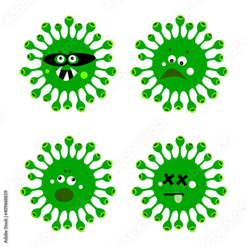 Scary, angry and sad face illustration of virus or coronavirus, vector set. Viruses with funny facial expressions, alive and destroyed virus.