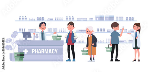 pharmacy with pharmacist and client in counter. drugstore cartoon character design vector illustration