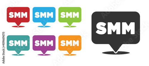 Black SMM icon isolated on white background. Social media marketing, analysis, advertising strategy development. Set icons colorful. Vector.