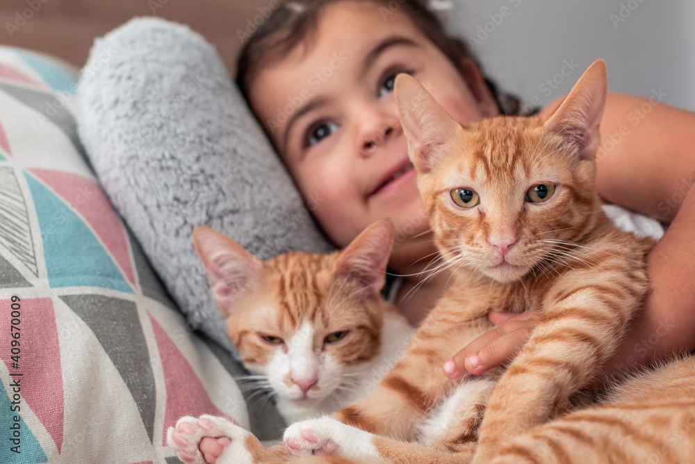Little girl with her two kittens on the bed. Little girl with her two kittens on the bed.