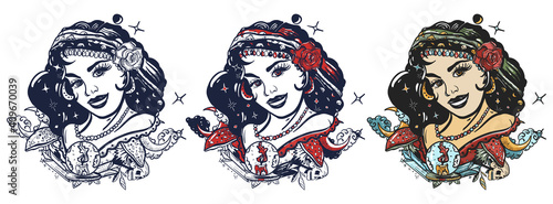 Witch woman portrait. Dark gothic fairy tale, halloween. Fortune teller, oracle girl. Old school tattoo vector art. Hand drawn cartoon character set. Isolated on white. Traditional tattooing style