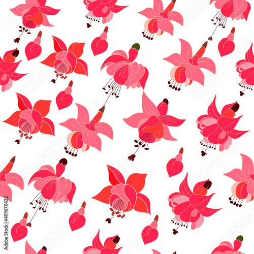 Various options for fuchsia flowers red and pink colors  endless wallpaper.Vector floral seamless pattern.Cute botanical background.Trandy fabric design wrapping paper.Vector illustration.