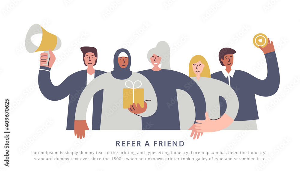 Attract a friend. People of different nationalities and cultures sharing a referral program. Friend sharing referral code concept. Referral marketing strategy banner, landing page, mobile app. Attract a friend. People of different nationalities and cultures sharing a referral program. Friend sharing referral code concept. Referral marketing strategy banner, landing page, mobile app.