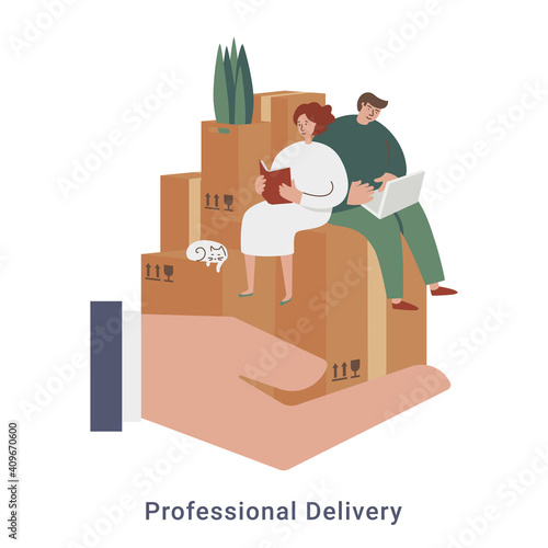 People relocating to a new apartment. Hand holding family and moving to another place with belongings. House moving concept. Moving house service with furniture in cardboard. Professional delivery