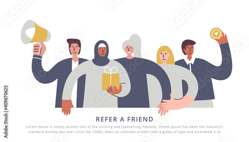 Attract a friend. People of different nationalities and cultures sharing a referral program. Friend sharing referral code concept. Referral marketing strategy banner, landing page, mobile app. 