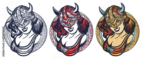 Viking woman portrait. Old school tattoo vector art. Hand drawn cartoon character set. Warrior girl. Scandinavian culture. Valhalla concept. Isolated on white. Traditional tattooing style
