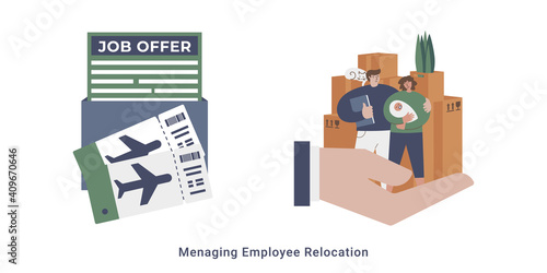 Relocate for a job. Job offer with the flight tickets. Employer hand holding family and moving to another country for a job. Business Relocation. Global employee exchange. Relocation assistance.