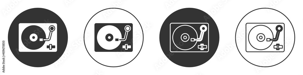 Black Vinyl player with a vinyl disk icon isolated on white background. Circle button. Vector. Black Vinyl player with a vinyl disk icon isolated on white background. Circle button. Vector.
