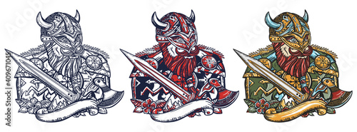 Viking warrior portrait. Scandinavian culture. Valhalla. Northern history. Bearded man in armor. Old school tattoo vector art. Hand drawn cartoon character set