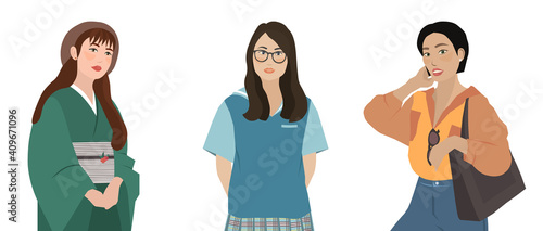 Set of different realistic girls in green, yellow and blue casual clothes. Traditional asian kimono, student girl and office manager. Contemporary icons of authentic oriental fashion. Candid portraits