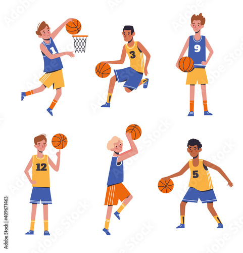 Children's sports basketball. Flat design concept with funny kids playing ball. Vector illustration of boys, set isolated on white background