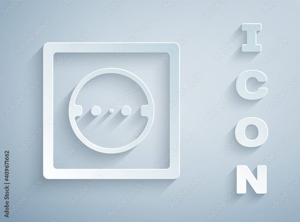 Paper cut Electrical outlet icon isolated on grey background. Power socket. Rosette symbol. Paper art style. Vector. Paper cut Electrical outlet icon isolated on grey background. Power socket. Rosette symbol. Paper art style. Vector.
