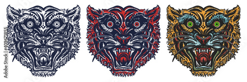 Angry tiger portrait. Aggressive wild cat. Old school tattoo vector art. Hand drawn cartoon character set. Isolated on white.Traditional tattooing style