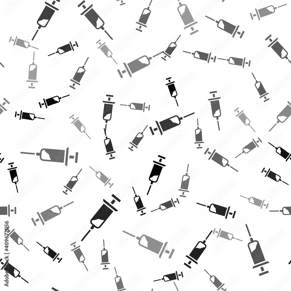Black Syringe with serum icon isolated seamless pattern on white background. Syringe for vaccine, vaccination, injection, flu shot. Medical equipment. Vector. Black Syringe with serum icon isolated seamless pattern on white background. Syringe for vaccine, vaccination, injection, flu shot. Medical equipment. Vector.