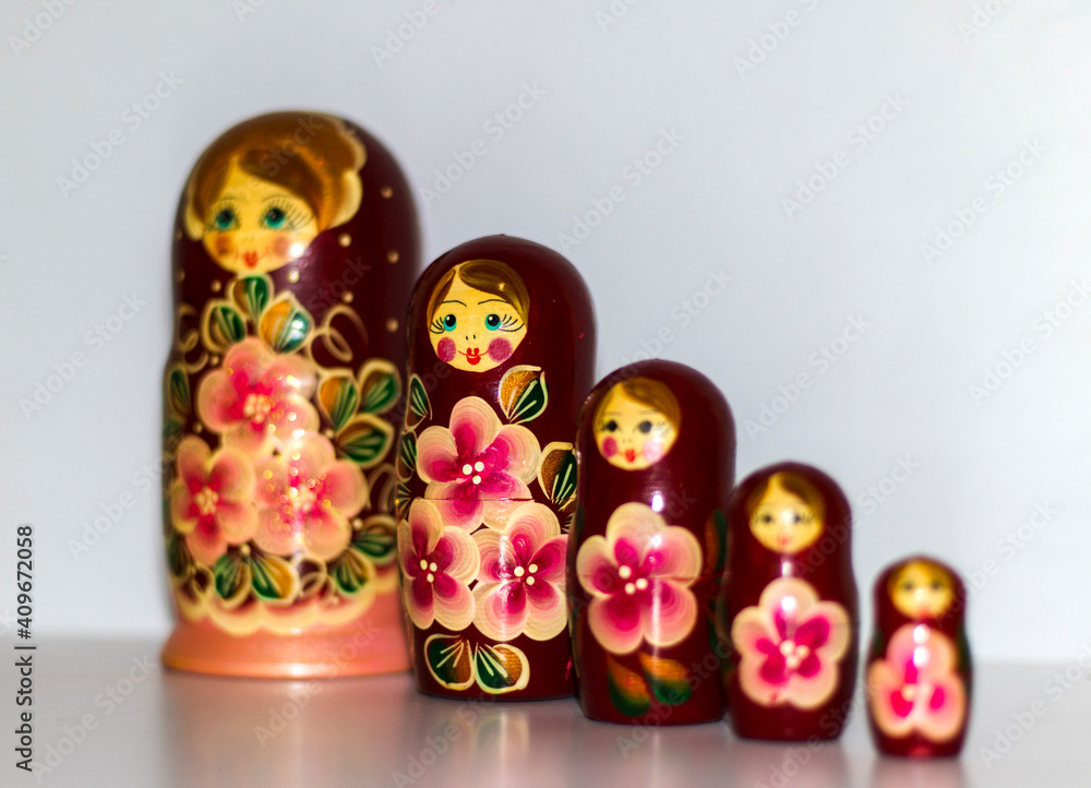 Close up shot of set of a traditional russian wooden doll. Indoors Close up shot of set of a traditional russian wooden doll. Indoors