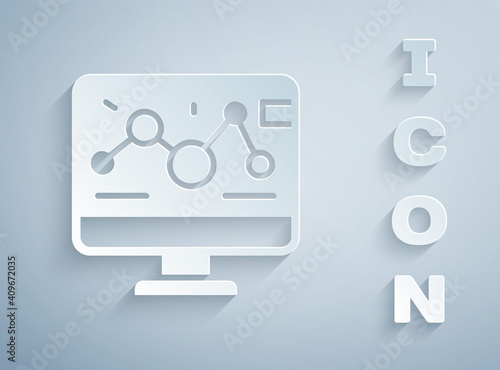 Paper cut Genetic engineering modification on laptop icon isolated on grey background. DNA analysis, genetics testing, cloning. Paper art style. Vector.