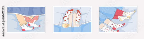 He and she sleep together. Set of vector posters with couples in love in bed. Man and woman hug in a warm relationship in pajamas. Legs in socks of lovers under the blanket. Lovely postcards.