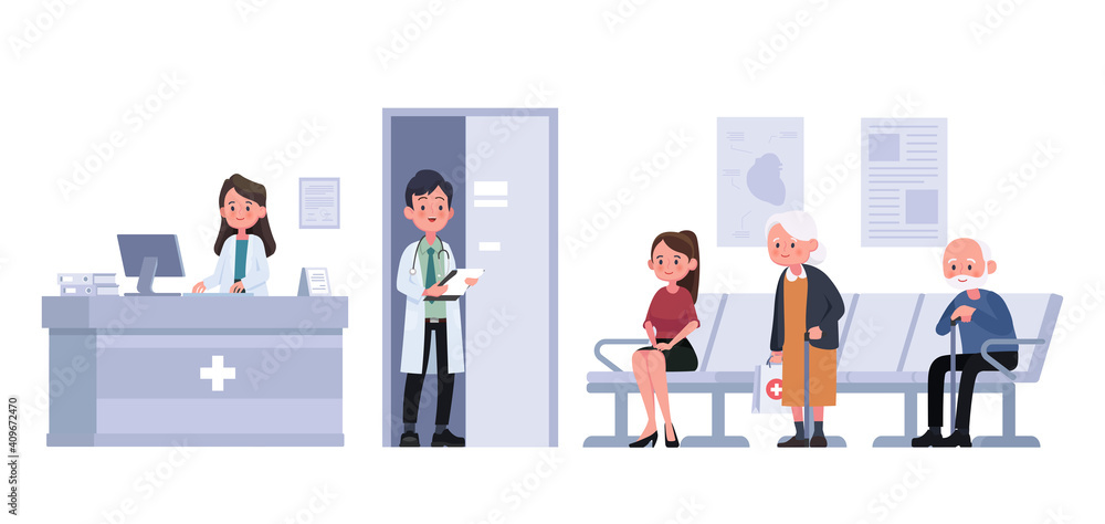 receptionist and patients sit and wait in front of room at hospital on flat style. Vector illustration cartoon character receptionist and patients sit and wait in front of room at hospital on flat style. Vector illustration cartoon character