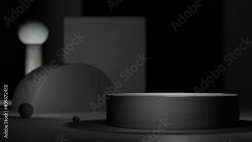 Monochrome stage with a pedestal and abstract geometric concrete shapes in the background in a minimalist modern realistic style design with empty space for text or logo. 3D rendering. Mock up