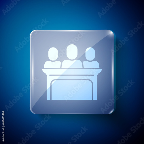 White Jurors icon isolated on blue background. Square glass panels. Vector.