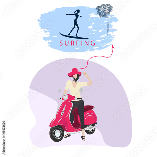 Travel planning. Surfing dream - woman on motor scooter - vector. Hypothetical vacation.