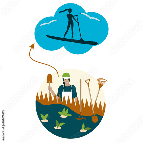 Travel planning. Surfing dream - woman plants a plant in the country - vector. Hypothetical vacation.