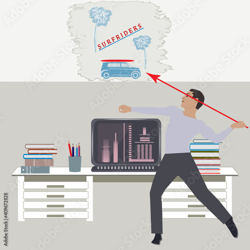 Dream of going to the sea - freelancer, telecommuting, apartment, workplace - vector travel planning. Hypothetical vacation.