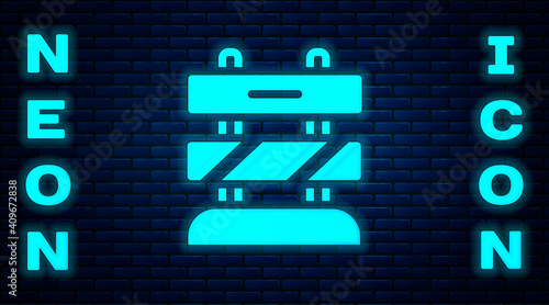 Glowing neon End of railway tracks icon isolated on brick wall background. Stop sign. Railroad buffer end to destination. Vector.