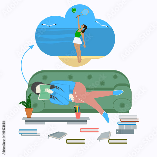 Woman lies on the sofa, room, books - vector.Hypothetical vacation.Travel planning. Dream of a trip to the sea