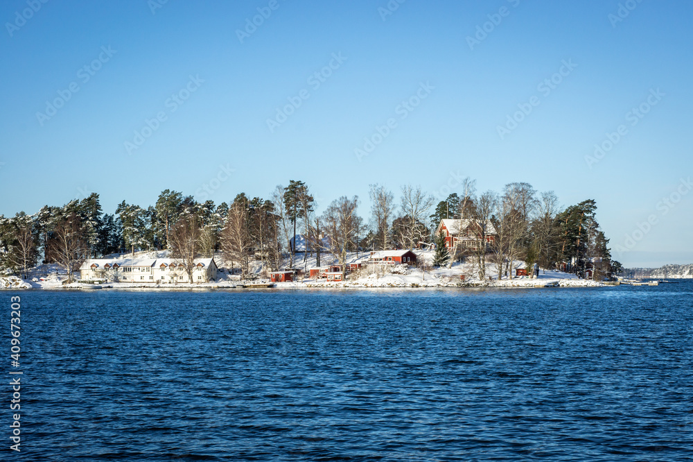 Winter landscape of the Swedish coast. Skyline. The shore of Baltic sea overgrown with pines and firs covered with snow. Traditional wooden houses surrounded by forest. Scandinavia in winter season