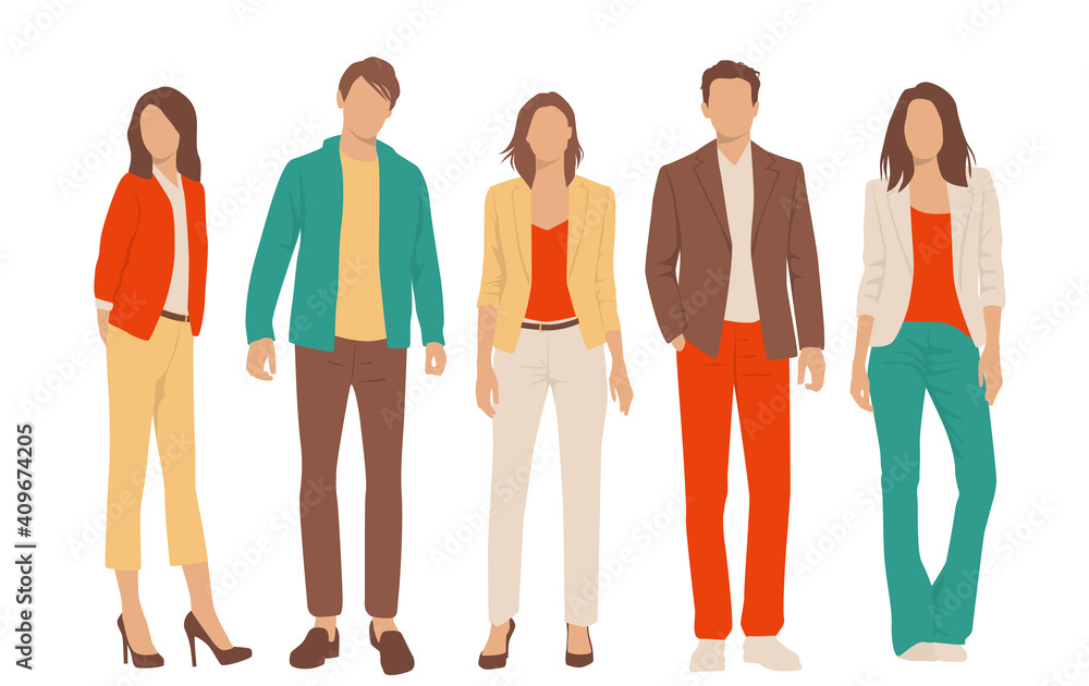 Obraz premium Set of young men and women, different colors, cartoon character, group of silhouettes of standing business people, students, the design concept of flat icon, isolated on white background