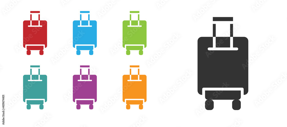 Black Suitcase for travel icon isolated on white background. Traveling baggage sign. Travel luggage icon. Set icons colorful. Vector. Black Suitcase for travel icon isolated on white background. Traveling baggage sign. Travel luggage icon. Set icons colorful. Vector.