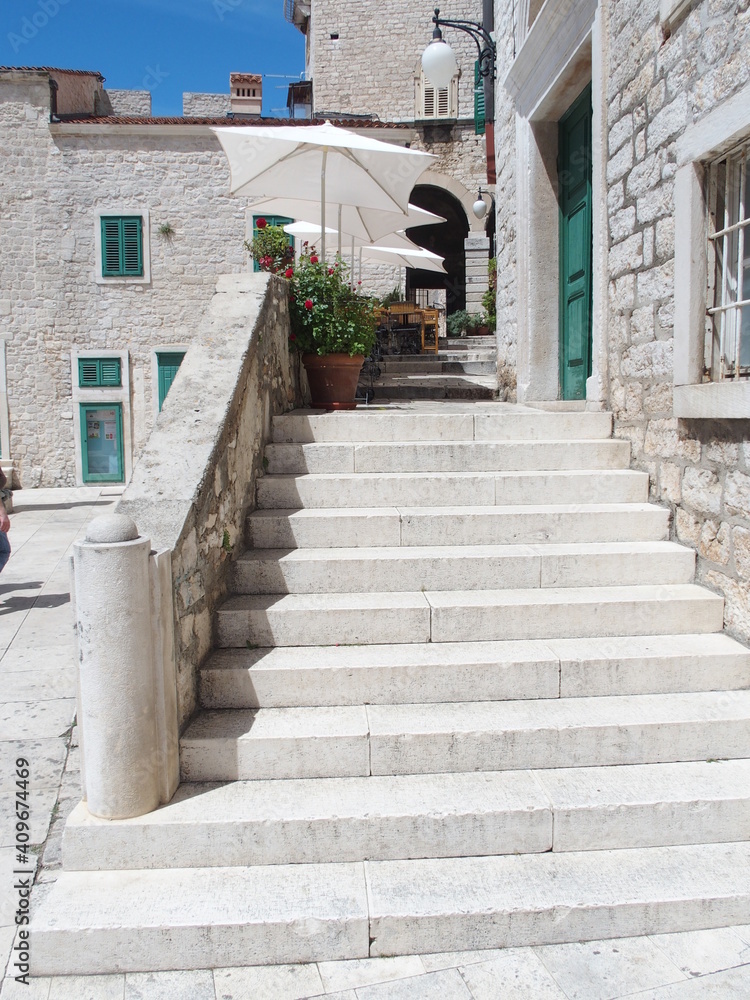 stairs on the hill side of republic square, sibenik, croatia
