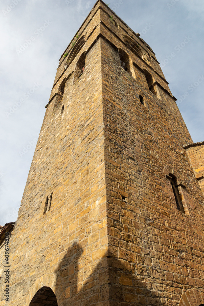 Bell tower of the Church of Santa Maria in Ainsa, Huesca, Spain.