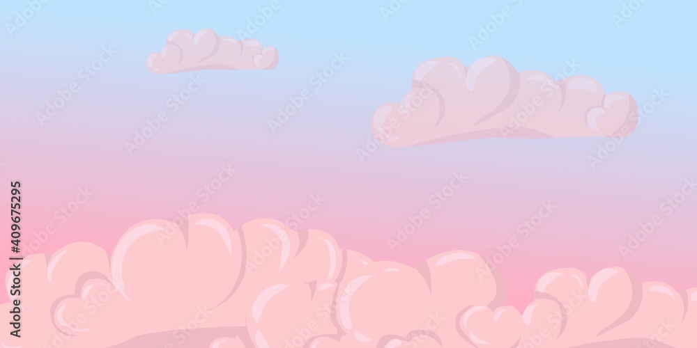 Clouds background.
 Pink and blue. Clouds in the shape of hearts. drawn in cartoon style vector illustration isolated on white background