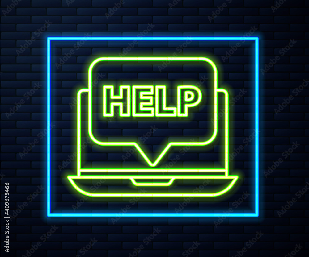 Glowing neon line Laptop and help icon isolated on brick wall background. Adjusting, service, setting, maintenance, repair, fixing. Vector Illustration. Glowing neon line Laptop and help icon isolated on brick wall background. Adjusting, service, setting, maintenance, repair, fixing. Vector Illustration.