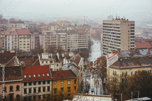 Amazing view from above of Budapest, Hungary in Winter during a rainy day.