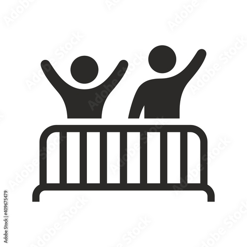 People behind a barrier. Protest icon. Protesters, supporters, fans. Vector icon isolated on white background.