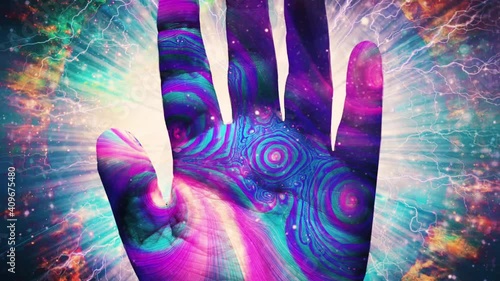 Purple hand in circle of fire. Surreal art