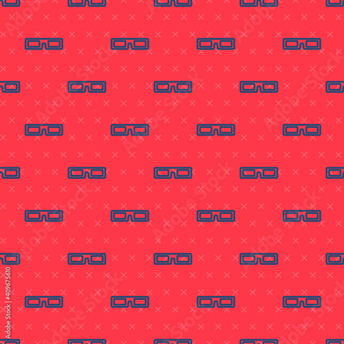 Blue line cinema glasses icon isolated seamless pattern on red background. Vector Illustration.