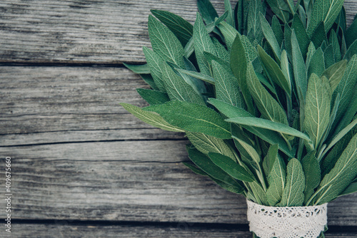 Salvia officinalis. Sage leaves on old wooden table. Garden sage. Handmade lace. Retro magazine picture. Copy space photo