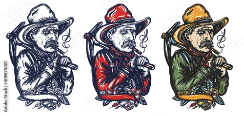 Gold digger portrait. American cowboy. Old school tattoo vector art. Hand drawn cartoon character set. Isolated on white. Traditional tattooing style