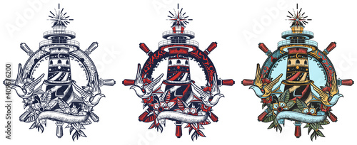 Lighthouse. Beacon. Old school tattoo vector art. Hand drawn cartoon character set. Isolated on white. Traditional tattooing style