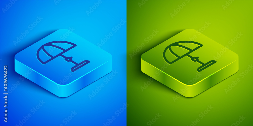 Isometric line Sun protective umbrella for beach icon isolated on blue and green background. Large parasol for outdoor space. Beach umbrella. Square button. Vector. Isometric line Sun protective umbrella for beach icon isolated on blue and green background. Large parasol for outdoor space. Beach umbrella. Square button. Vector.