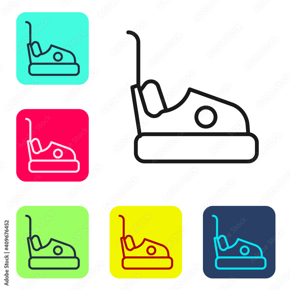 Black line Bumper car icon isolated on white background. Amusement park. Childrens entertainment playground, recreation park. Set icons in color square buttons. Vector. Black line Bumper car icon isolated on white background. Amusement park. Childrens entertainment playground, recreation park. Set icons in color square buttons. Vector.
